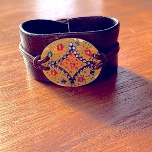 Leather Bracelet/Cuff w/ Sterling Hardware w/ Elaborate Handpainted  Jewel Shell